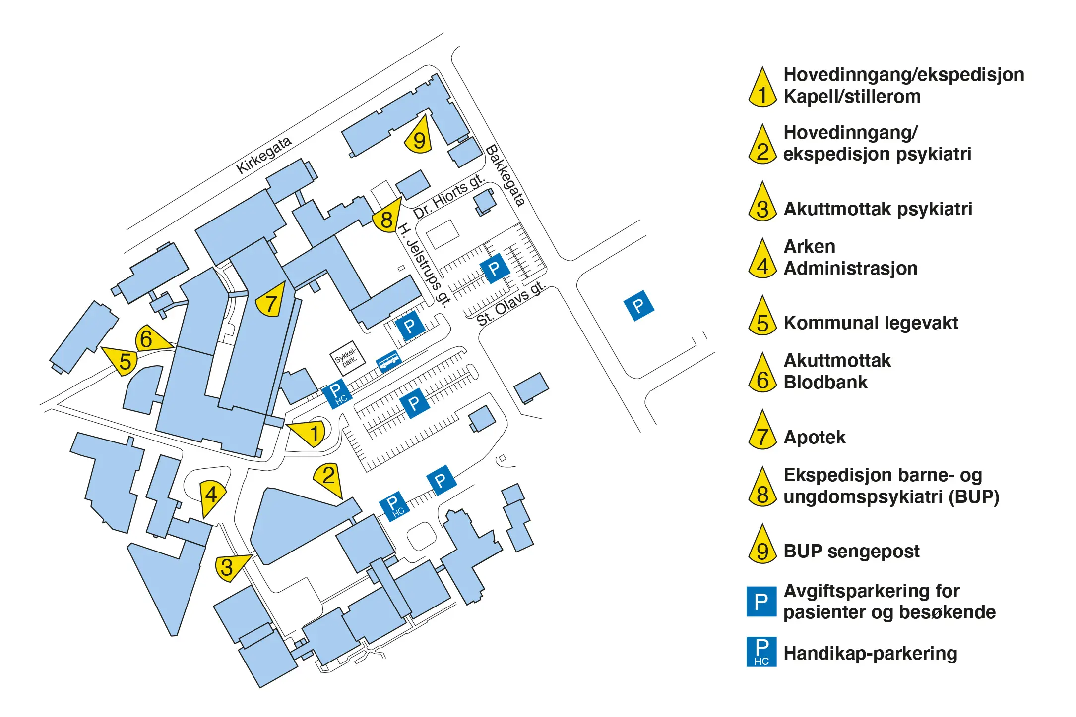 Kart over sykehusområdet til Sykehuset Levanger. Grafikk.