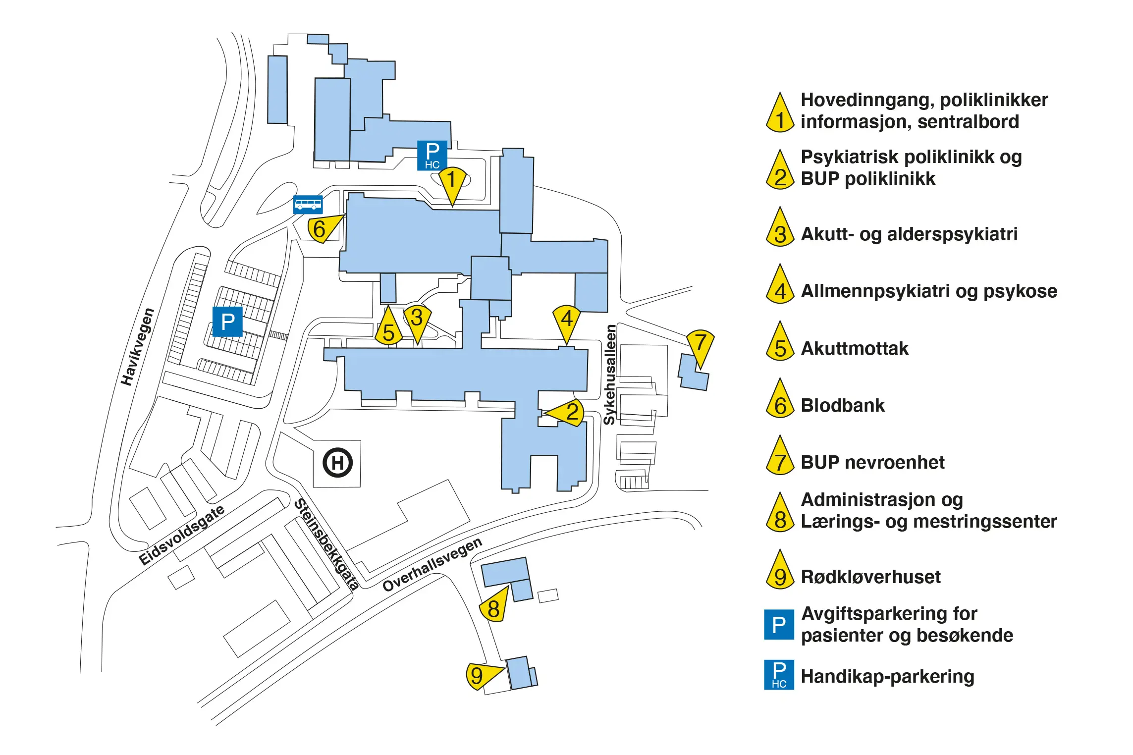 Kart over sykehusområdet til Sykehuset Namsos. Grafikk.